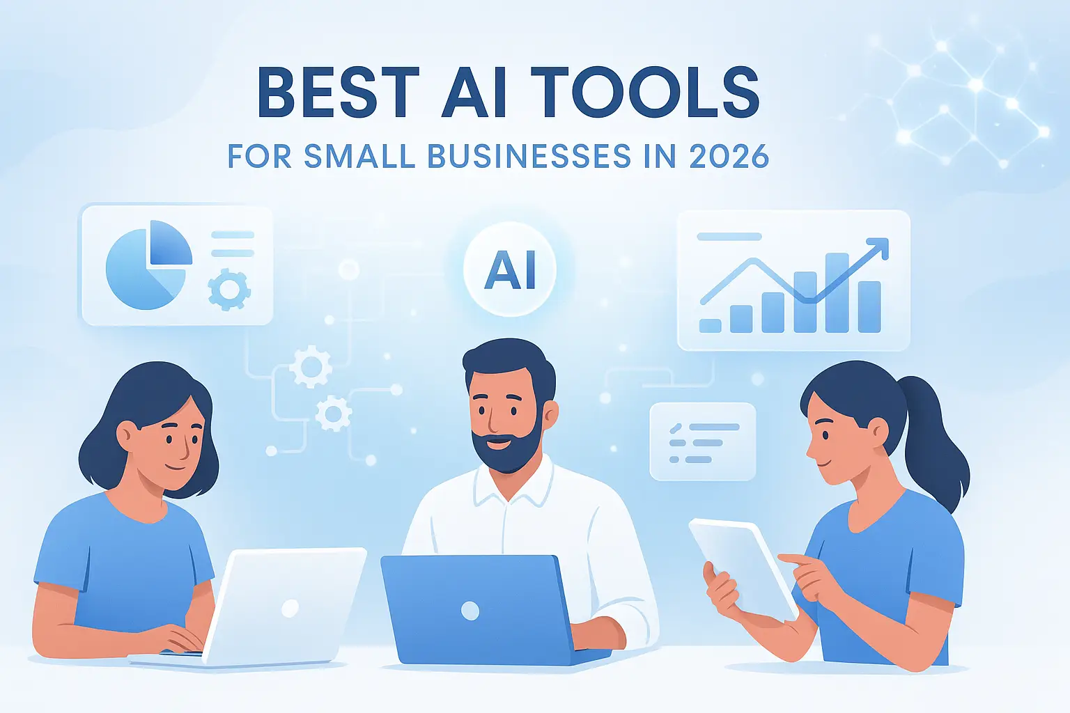 A small business owner smiling at a laptop surrounded by digital tool icons and charts
