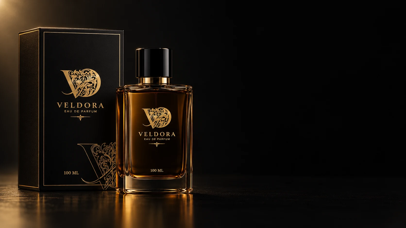 تصور بصري لهوية Veldora بالأسود والذهبي